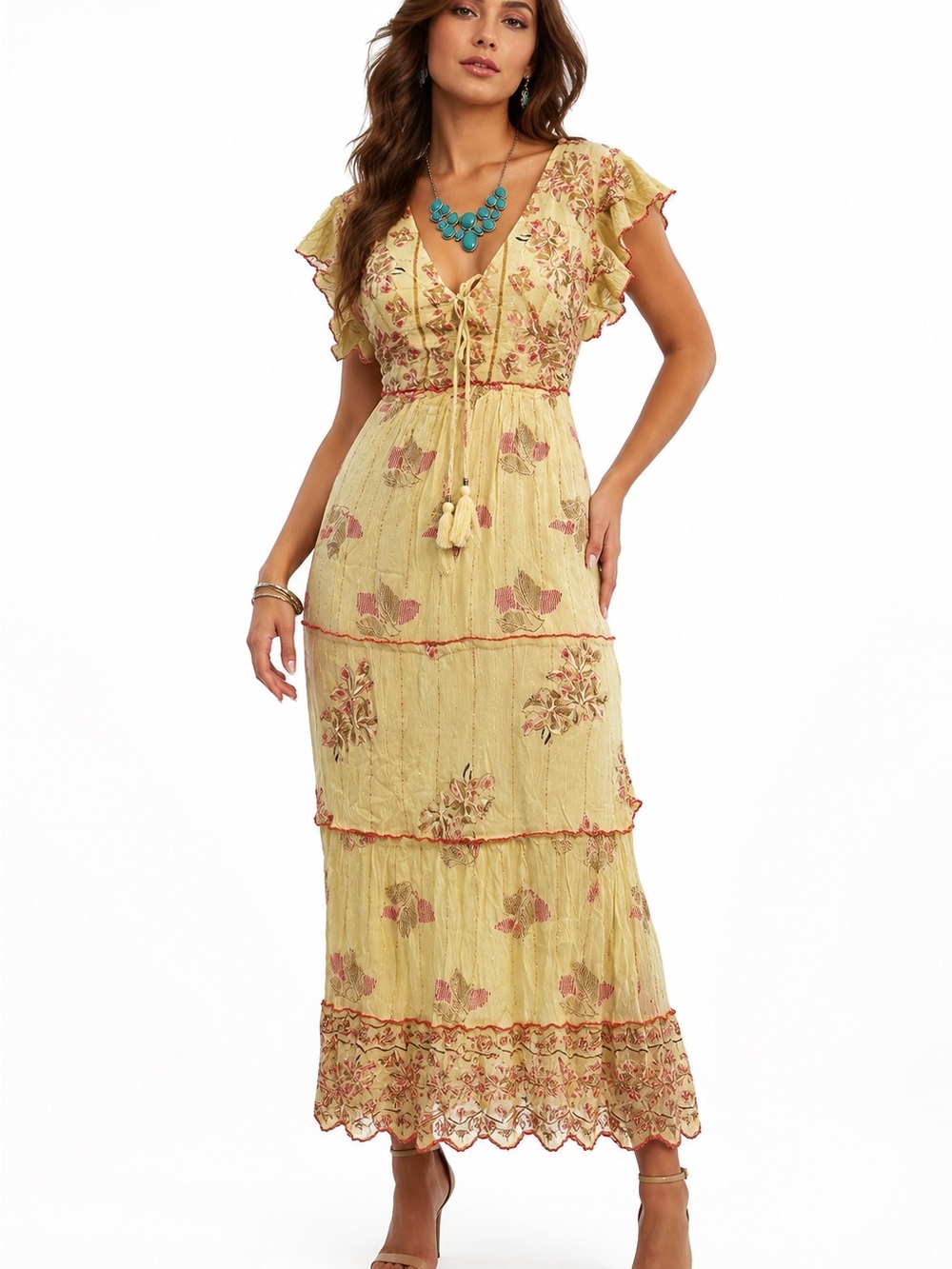Yellow Floral Tie-Front Maxi Dress with Ruffled Sleeves